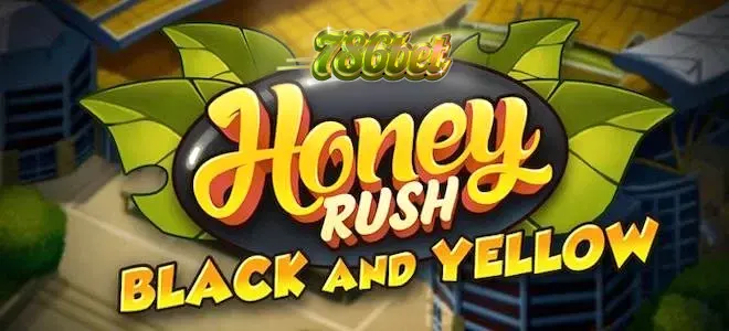 Honey Rush Black and Yellow স্লট গেমের রঙিন হেক্সাগোনাল গ্রিড এবং আধুনিক ইন্টারফেসের দৃশ্য।